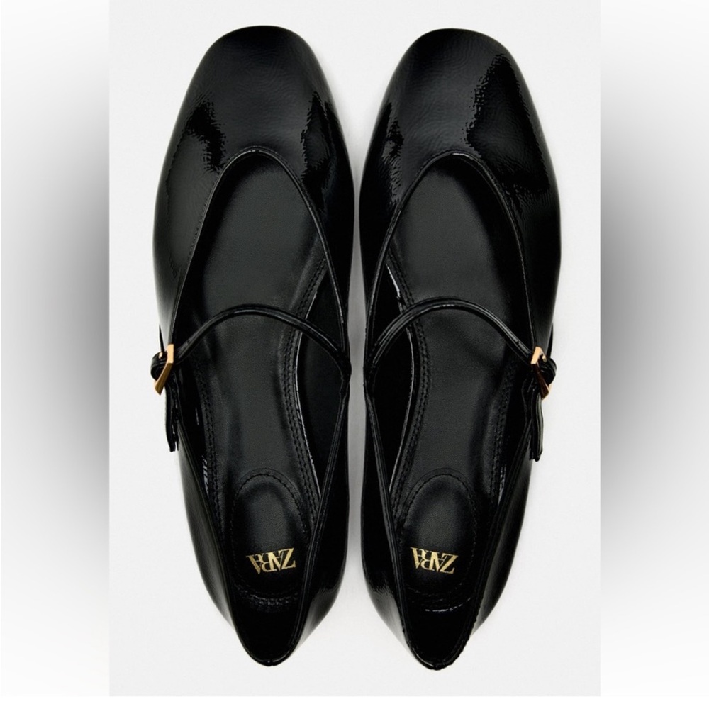 Zara Black Patent Leather Mary Jane Flats with Gold Buckle